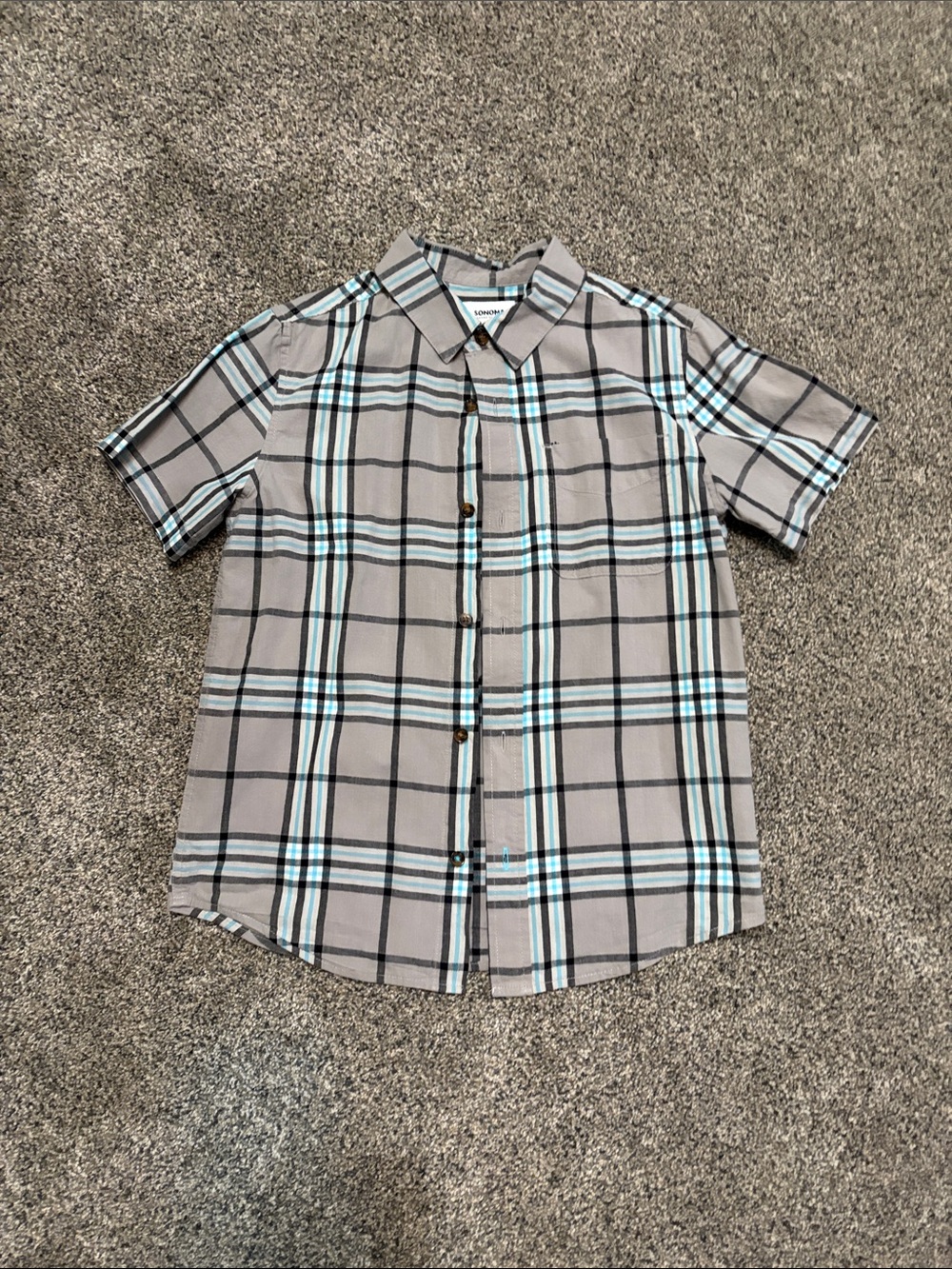 Boys Sonoma Gray Plaid Button-Up Shirt w/Light Blue Stripes Size M 10